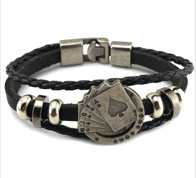 

Lucky Vintage Men's Leather Bracelet Playing Cards Raja Vegas Charm Multilayer Braided Women Pulseira Masculina, Black;brown