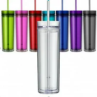 

16oz Clear Acrylic Skinny Tumbler Double Wall with Lid and Straw Mug Insulated Reusable Tumbler Plastic Cups