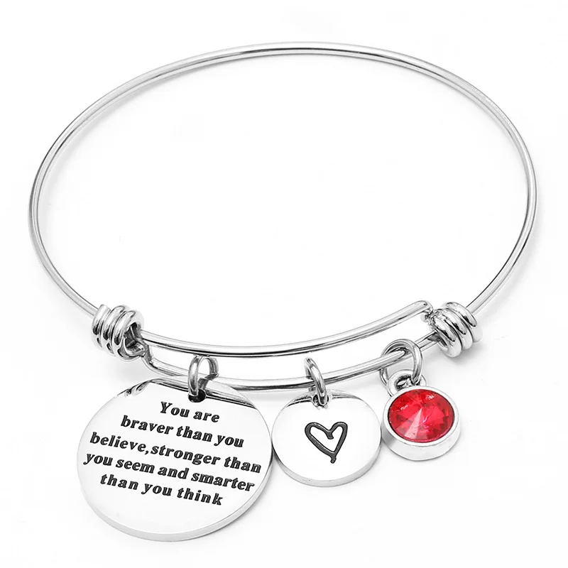 

You are brave than you believe Stainless Steel Inspirational Expandable Bangle Bracelets with Message Charm for Women, Sliver