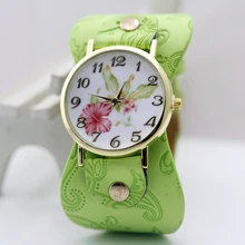 2015 New Arrival Printed leather Bracelet Wristwatch Wide band Dress Watch with flowers Fashion Women Casual Watch girl’s gift