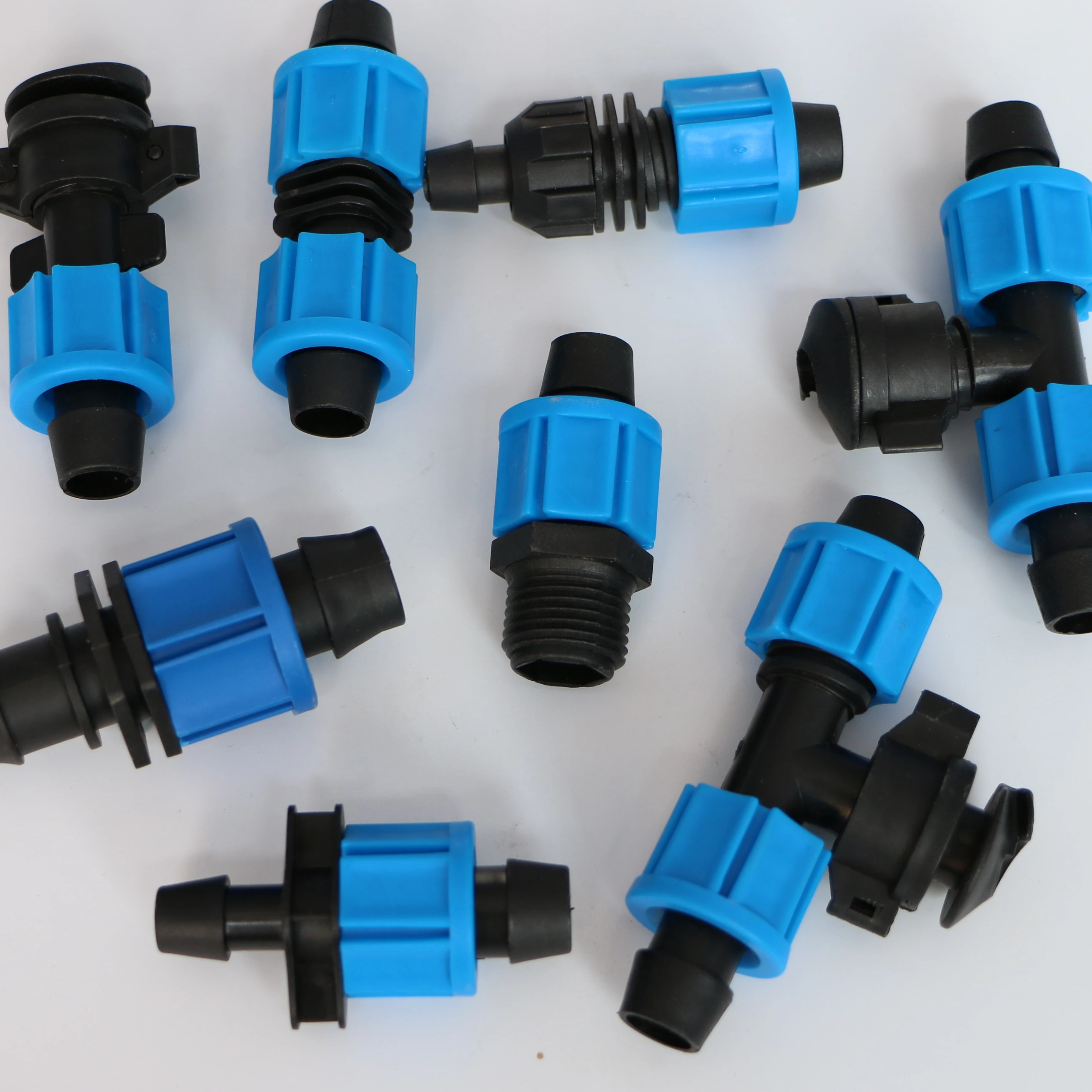 

Driptape Irrigation Pipe/Hose Fittings, Black and blue