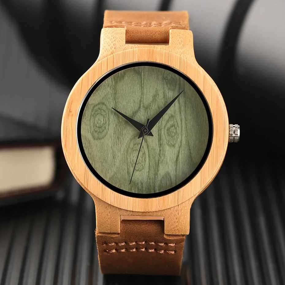 Orologio in legno con quadrante verde chiaro e marrone, minimalista, semplice, in legno, bambù naturale, per uomo e donna, in vera pelle, orologio da regalo Reloj de madera 2017 2018, regali per uomo (7)