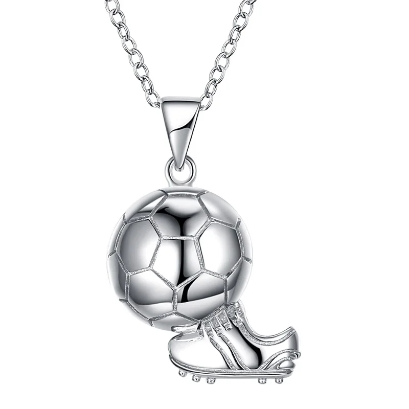 

2018 Fashion Men Women Soccer Sports 925 Sterling Silver Platinum Plated Football Pendant Necklaces for Fans with Chain, White gold necklace
