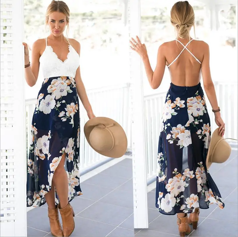 

2018 New Casual Lace Print Backless floral dress women Beach dresses Summer Chiffon Sexy Long vestidos Maxi Dress DJ2171, Navy blue;wine;green;greyblack;red;purple;orange
