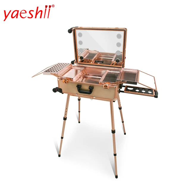 

Yaeshii professional LED light up makeup rolling trolley travel beauty artist case on wheels with adjustable legs, Pink/rose gold/black