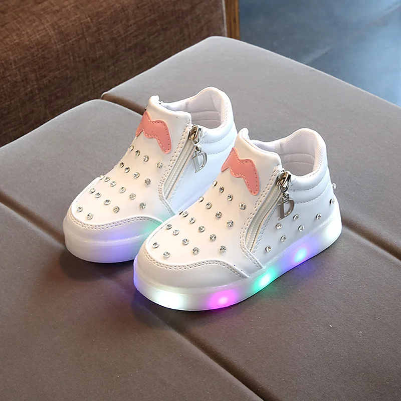 

Autumn Children Kids Sports Shoes Rhinestones Cartoon Soft Sole LED Lights Girls Shoes, White, red, black, pink