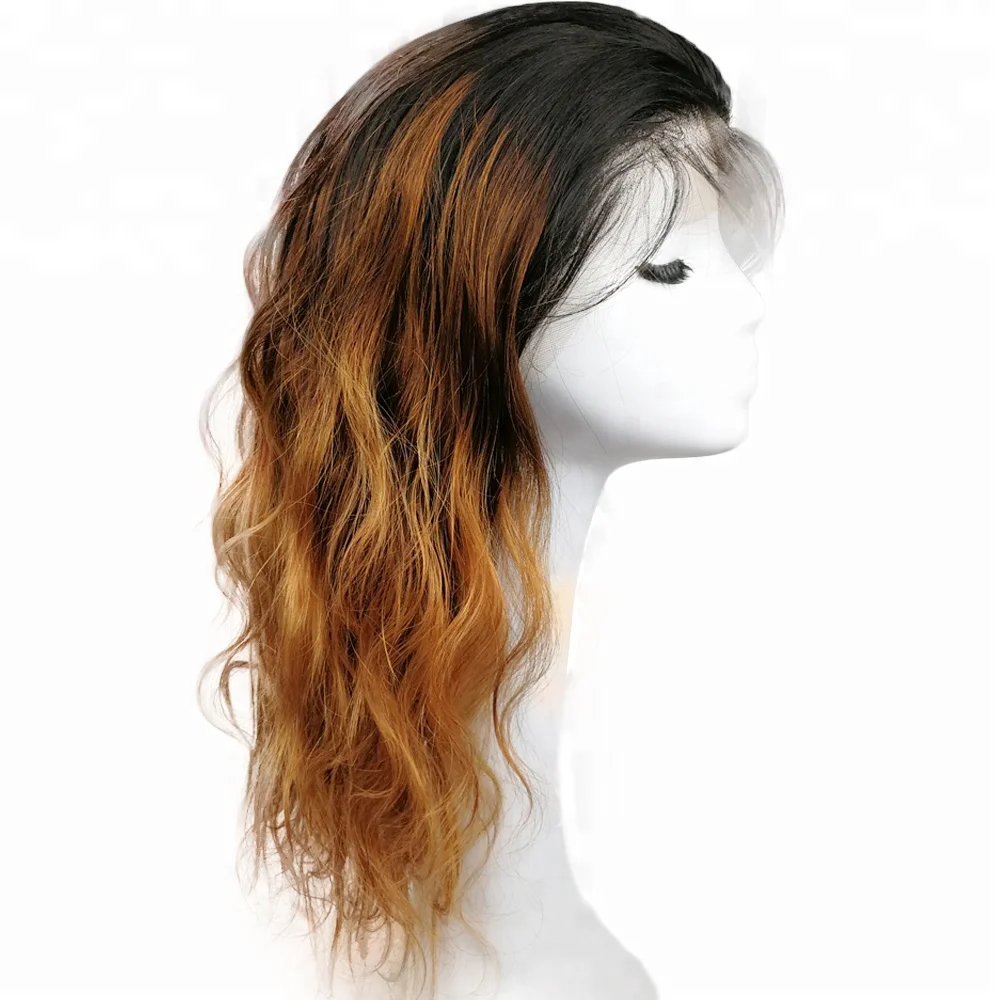 

high quality 3 tone ombre wig raw Indian human hair wig with baby hair, T1b/30/27