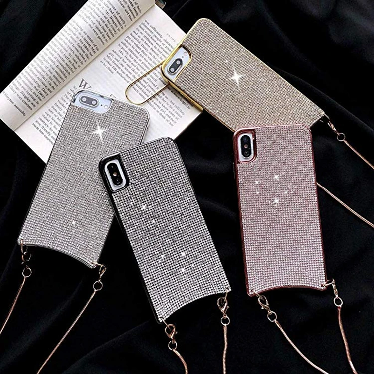 Luxury Bling Diamond Crossbody Cell Phone Case With Necklace For Iphone