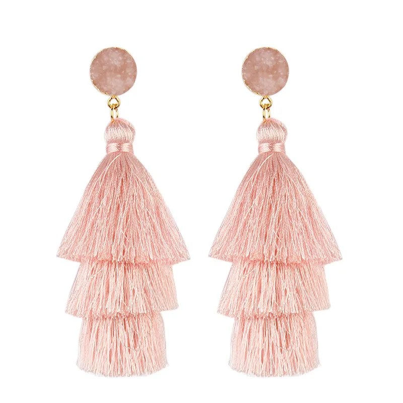 

wholesale Yiwu colorful 3 layered neon color bohemia layers silk gold dipped druzy tassel earrings, As picture