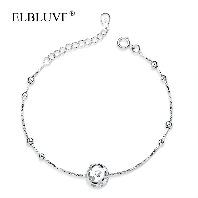 

ELBLUVF 925 Sterling Silver Chain Hollow Mini Round Ball Love Heart Bead Bracelet Chain Jewelry For Women