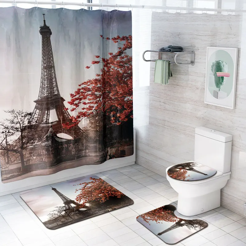 Amazon hot selling waterproof polyester fabric 4 piece bathroom rug mat and shower curtain sets