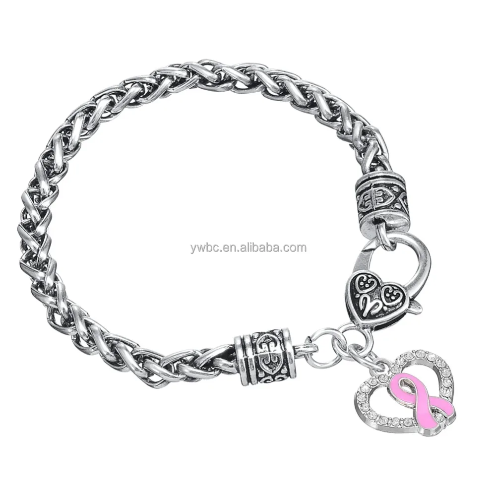 

Antique Silver Tone Breast Cancer Awareness Pink Ribbon Heart Charm Lobster Claw Bracelets