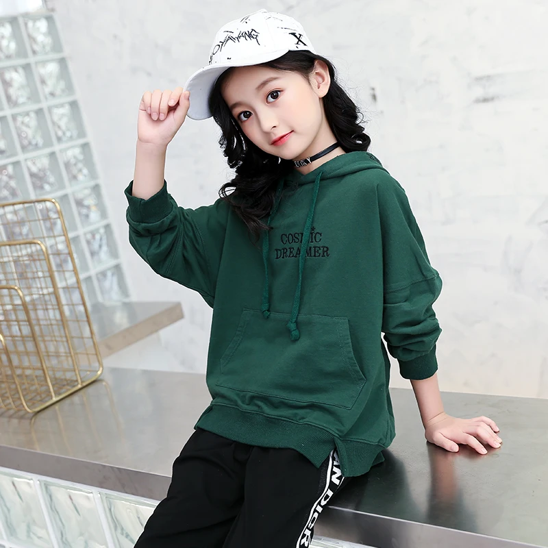 
Wholesale Cotton Fabric Girls Hooded Embroidered Shirt Kids Hoodies 