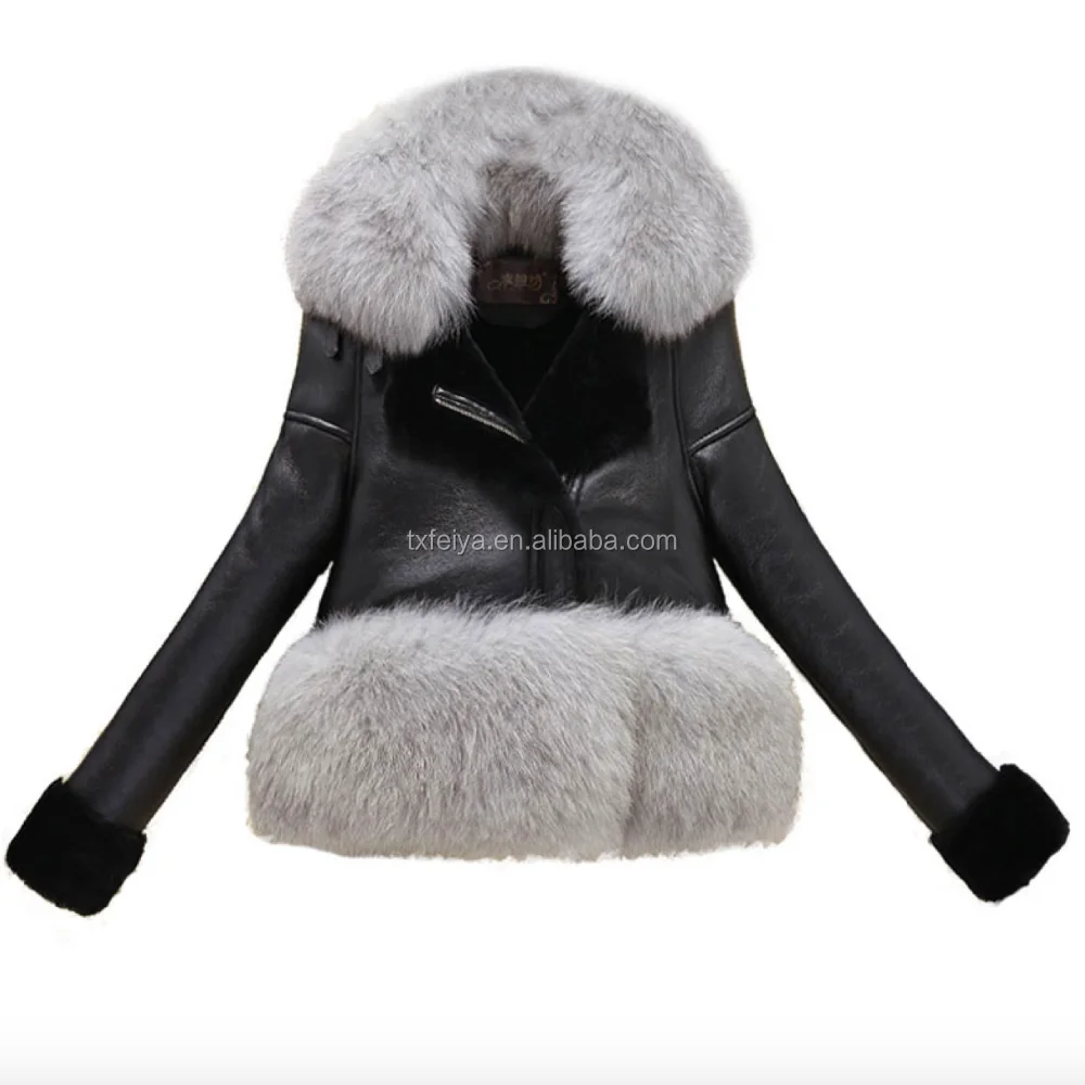 

2017 Winter Fox Fur Trim Coat For Women Sheepskin Double faced Leather Jacket, We can dye any color
