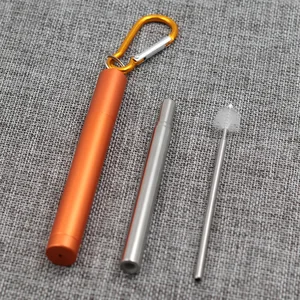 Fold-able Reusable Metal Straw  with aluminum case and metal keychain cleaning cloth