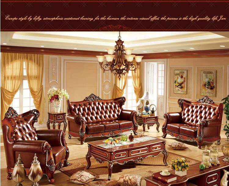 high quality European antique living room sofa furniture genuine leather set p10302