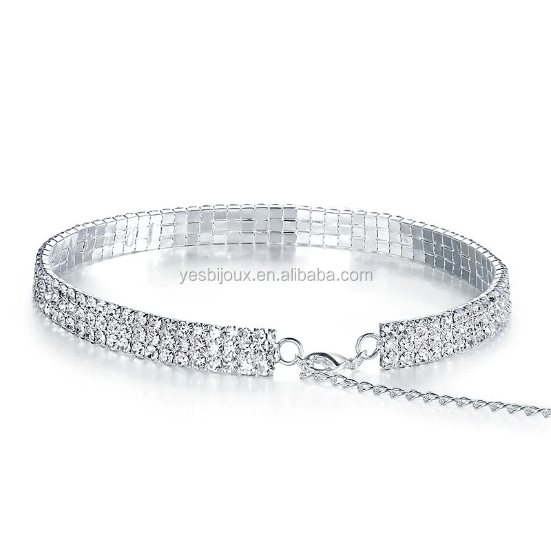 

three row rhinestone choker necklace silver crystal choker