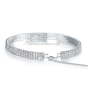 three row rhinestone choker necklace silver crystal choker