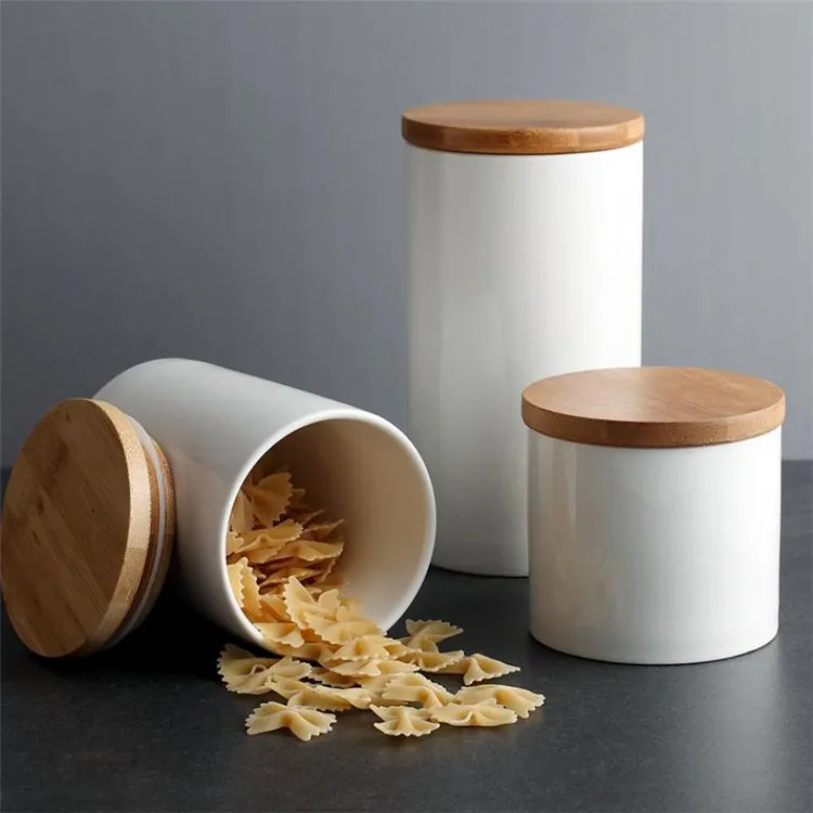 Bamboo cover cylinder shape unique kitchen white ceramic  canister sets for food storage 