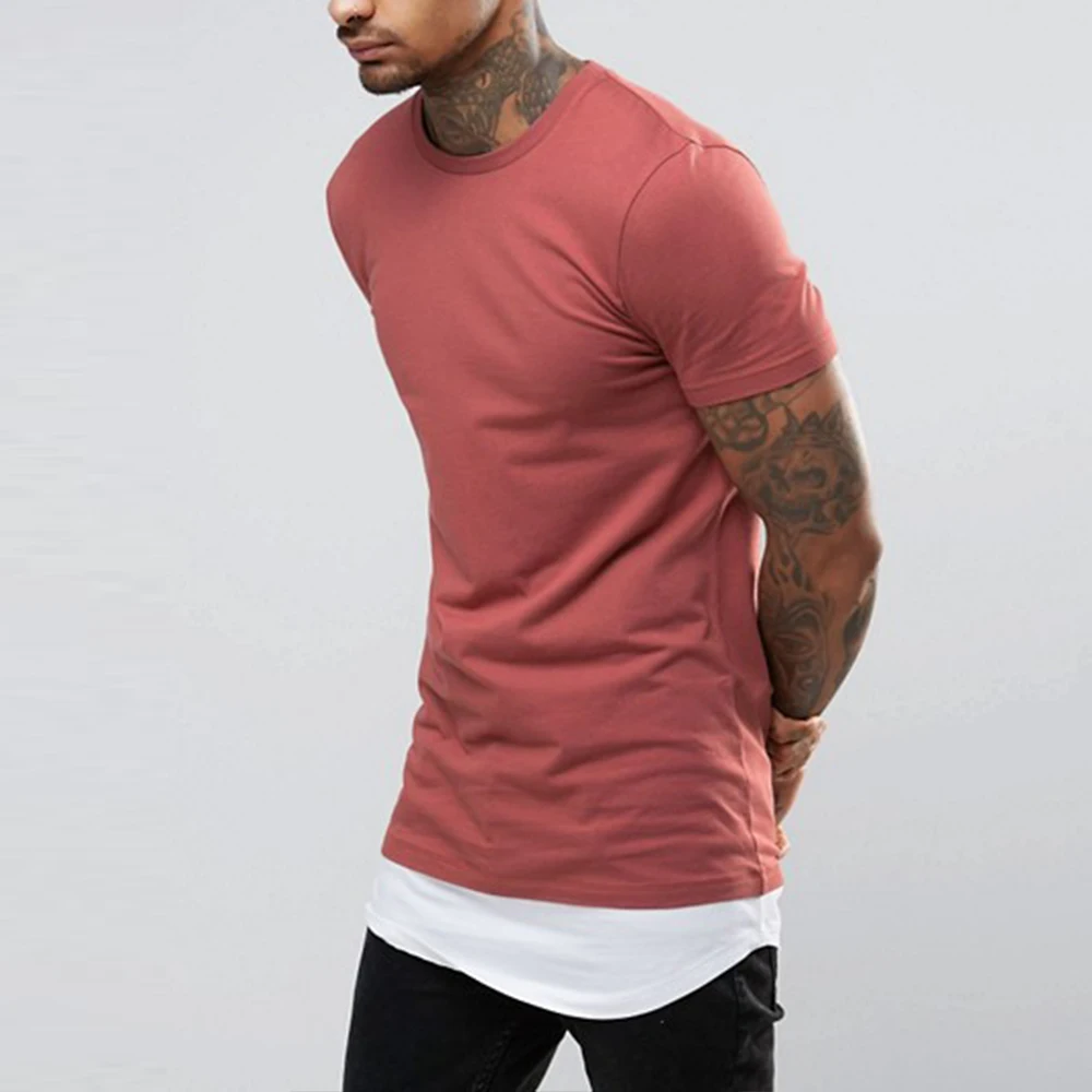 

trending clothing men hot products short sleeve muscle fit plain contrast curved hem extend long t shirt, N/a