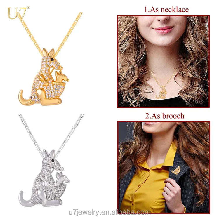 

U7 multifunctional jewelry gold plated necklace women gold plated crystal kangaroo brooch