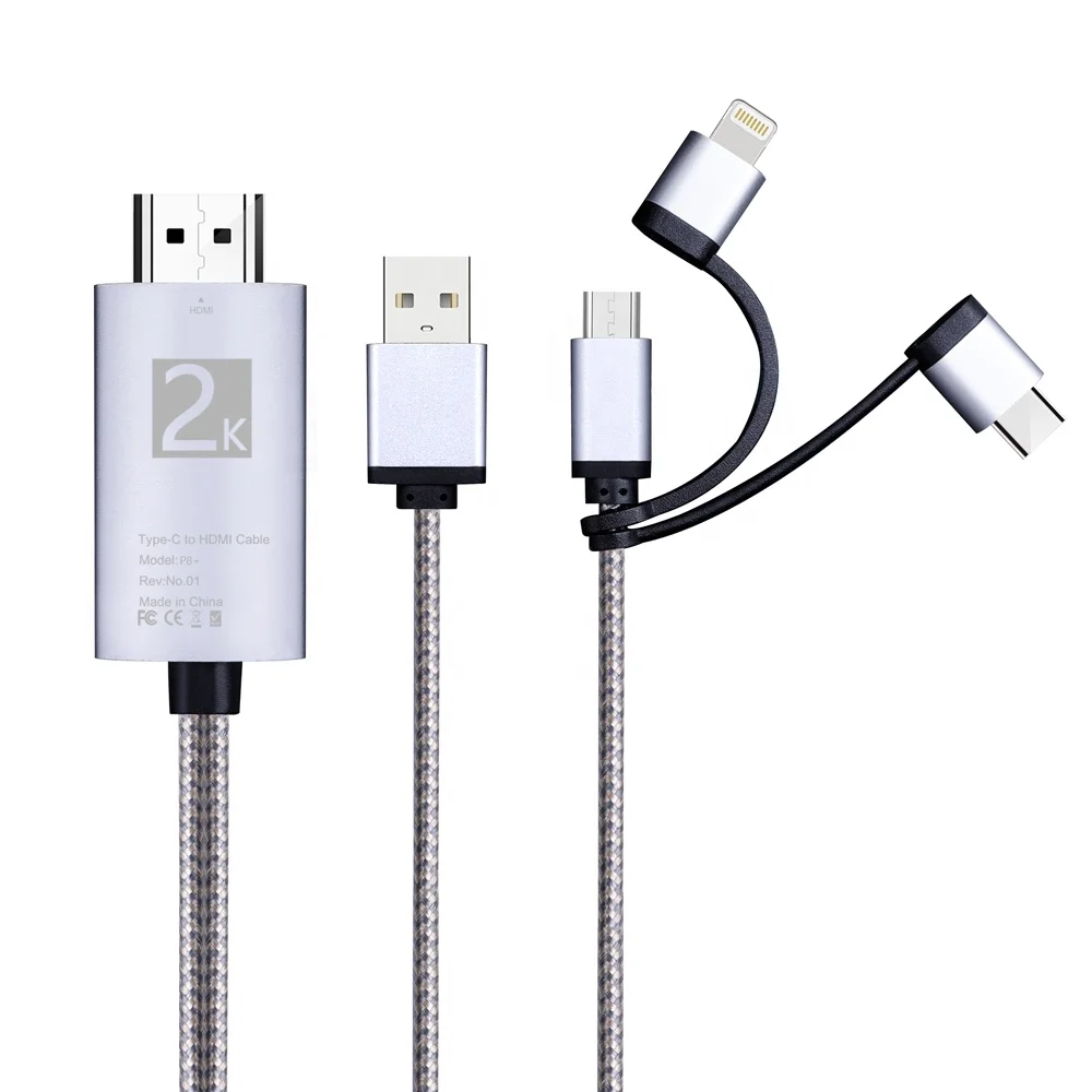 

3 in 1 Lighting Type-C Micro USB to HDMI Cable for iOS and Android Devices Mirroring Cellphone Screen to TV Projector Monitor, Sliver