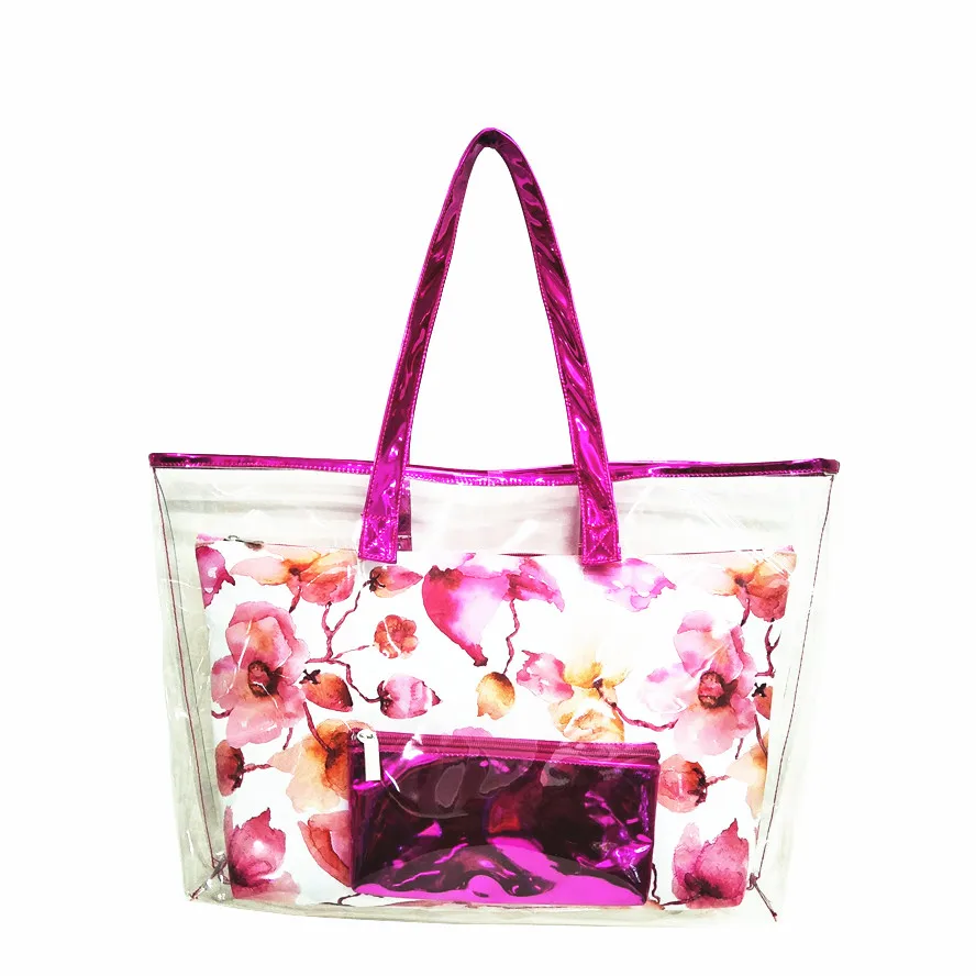 

2021 New Printed Leather Women Shoulder Bag Plastic Shopping Beach Clear Transparent PVC Tote Bag