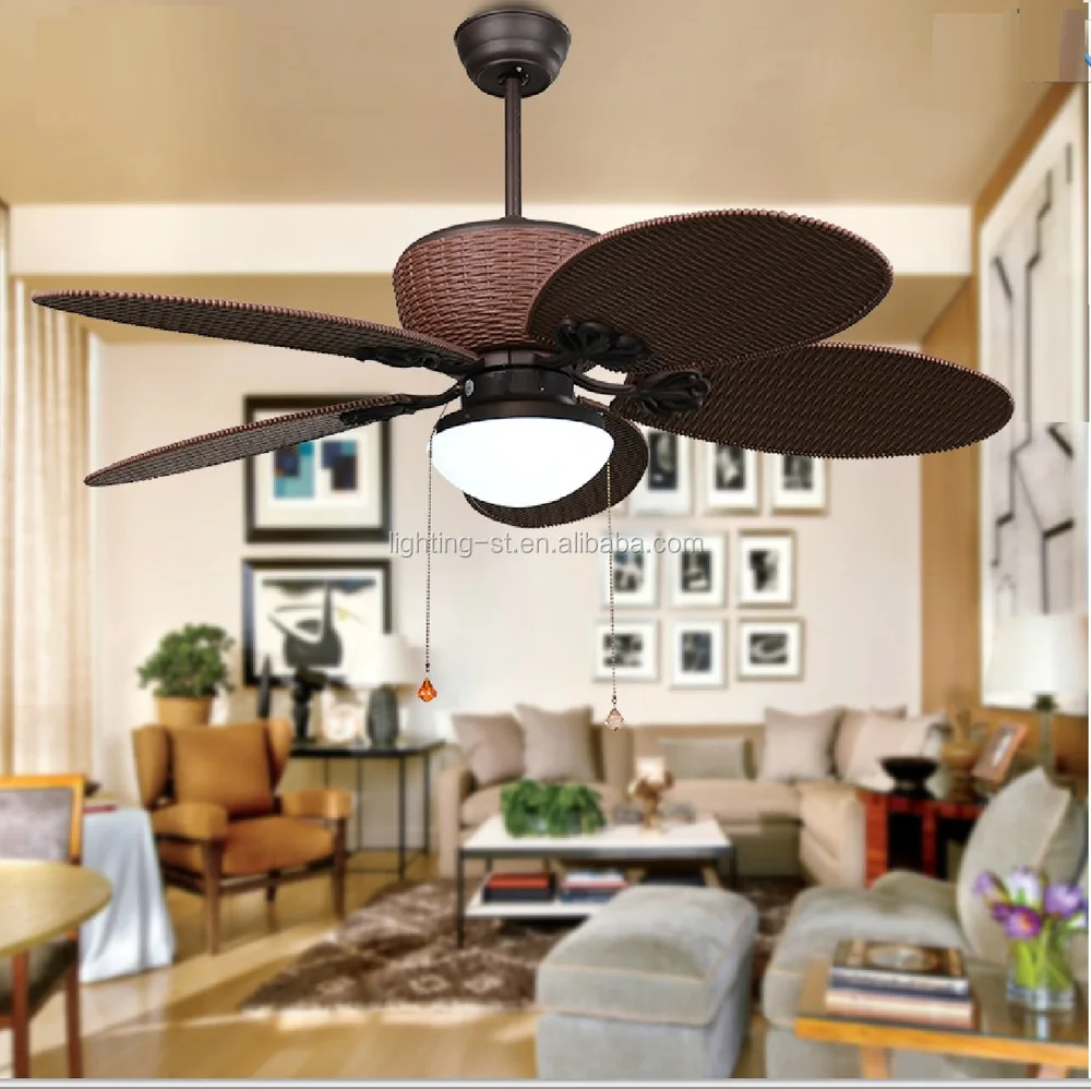 48 inch Ceiling Fan with Five Antique brown Wicker knitted Blades and Light Kit for tropical rainy climate PTSD185