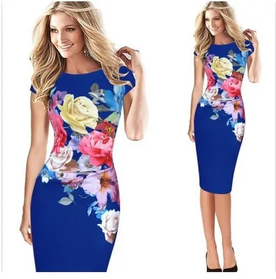 

Round Collar Floral Print Short Sleeve Tunic Pencil Dress with Bottom Split, Green, black, tibetan green, blue