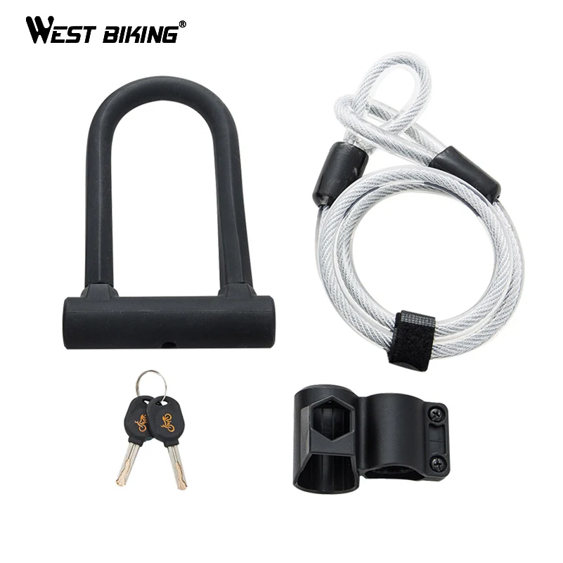

WEST BIKING Bike U-lock Steel MTB Road Anti-theft Heavy Duty Security Bicycle Lock With Cable, Black/blue/orange