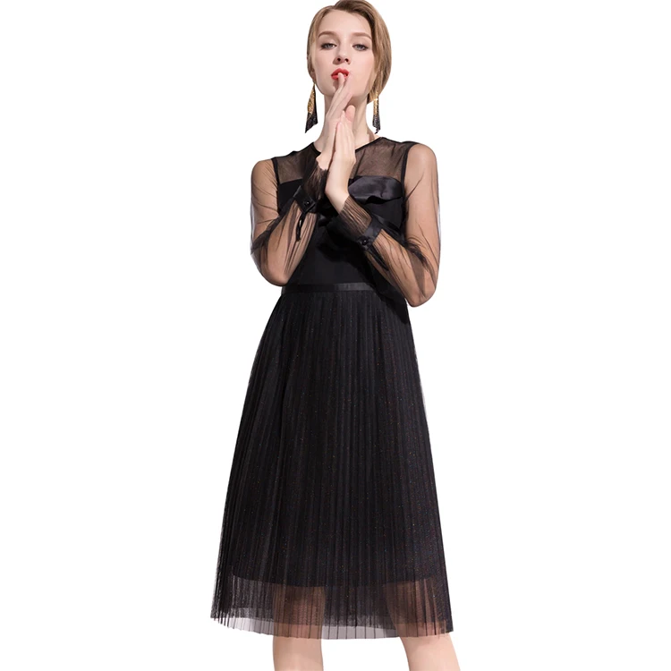 

PZF skirt female 2019 new women's spring dress black pleated dress
