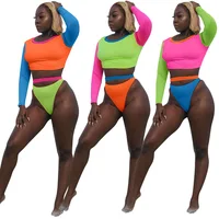 

2020 New Arrivals Summer Fashion Women Casual O-Neck Long Sleeve Crop With Belt Color Patchwork 2 Pieces Set Bikini Swimwear