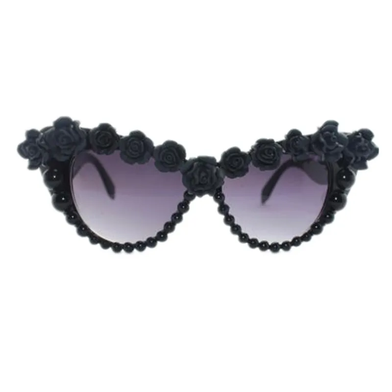 

WIIPU Oversized Womens Retro Flower Pearl Cat Eye Sunglasses Vintage Decor Floral Flower UV Glasses