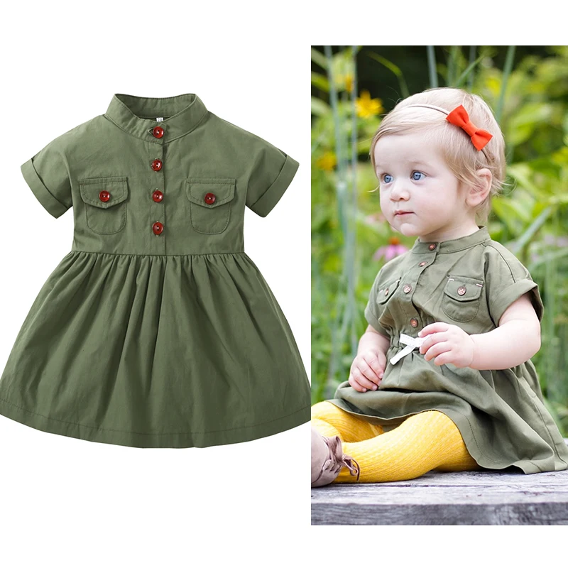 

R&H New Arrival Short Sleeve Army Green Fashion 100%Cotton Baby Summer Dress