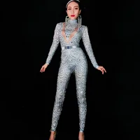

Fashion Grey Silver Rhinestones Jumpsuit long Sleeves Stretch Sexy Bodysuit Stage Performance Party Celebrate Nightclub outfit