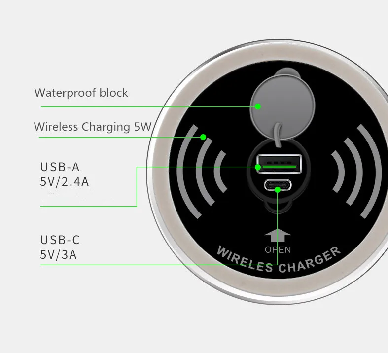 

Patent Design Waterproof Desktop Embedded Wireless Charger With USB Output
