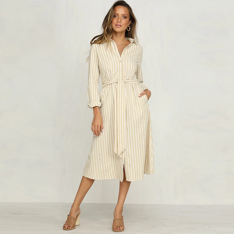 

2018 Women Clothing Striped Casual Office Dress, Mustard and white stripe shirt dress