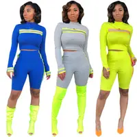 

2019 spring high collar Two Piece sets long-sleeved abdomen shorts Neon Fashion Reflective jumpsuit