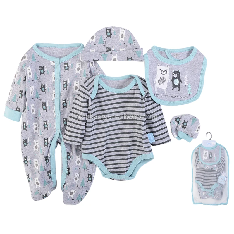 

New Spring Baby Girls Boys Newborn Set Cotton Bodysuit Bib Mitten 5-Pieces Multi Set Infant Clothing Set