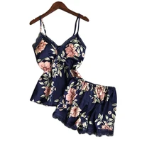

2019 Sexy Lace Pajamas Women 2 Pieces Set Satin Floral Sleepwear With Push Up Bra Pad