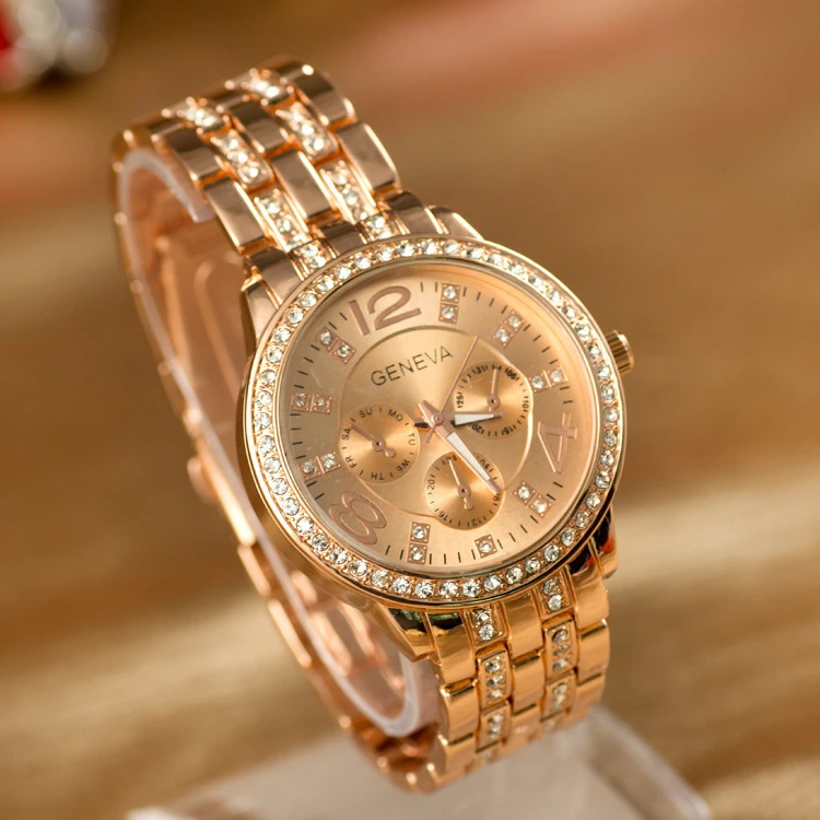 Wholesale Роскошные женские кварцевые часы Geneva из нержавеющей стали золотого цвета, повседневные наручные часы с кристаллами, женские часы From m.alibaba.com