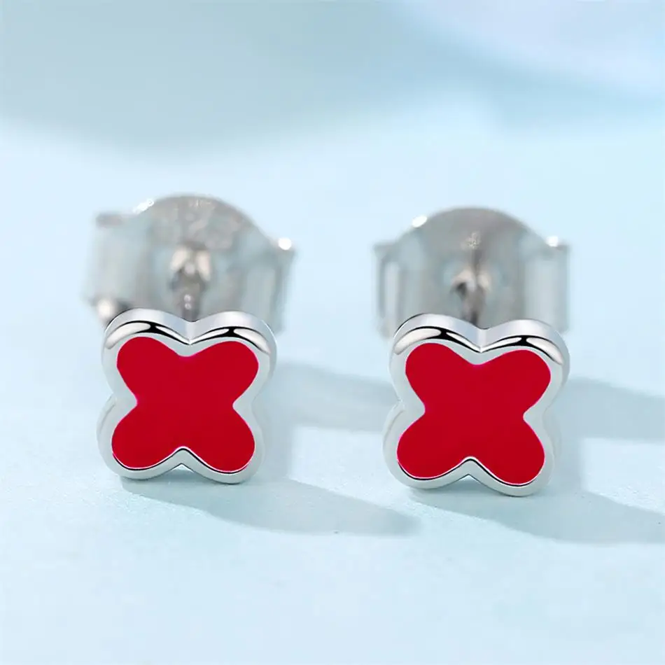 

Fashion 925 Sterling Silver Earrings Red Enamel Lucky Clover Stud Earrings Silver Fashion Jewelry Gift For Women&Girls
