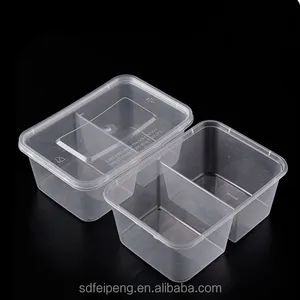 Image of 750ml clear and transparent disposable PP plastic food packaging container/box/bowl/plate with two compartments