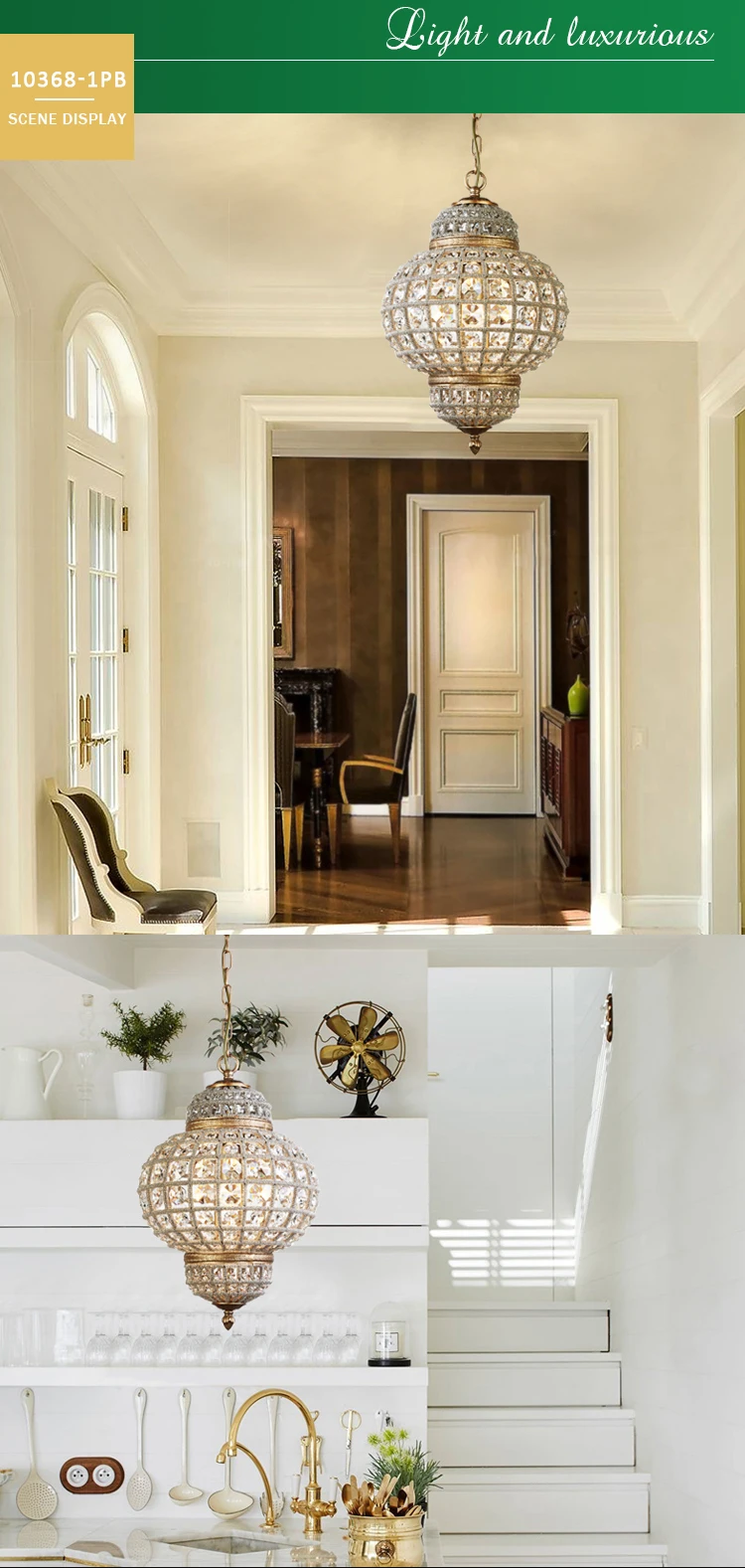 European luxury  golden crystal round iron art restaurant porch ceiling  lamp