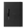 140 blank page paper notebook with aluminium pen integrated within the notebook and elastic band closure.