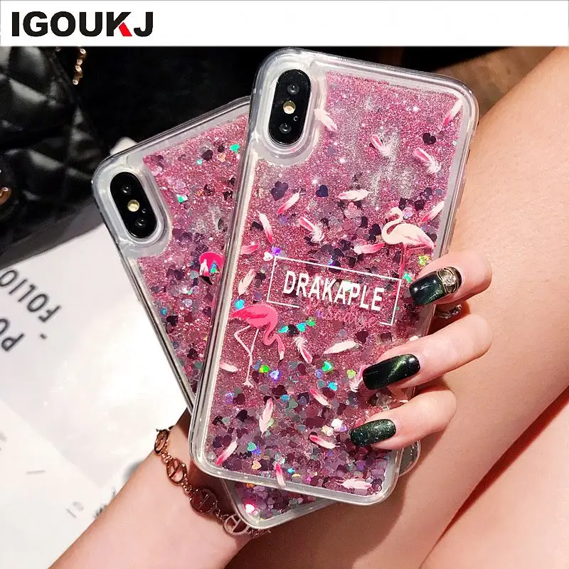 

Free shipping Cartoon Flamingo printing liquid back cover for iphone 6 7 8 plus quicksand for iphone X XR XS MAX phone case