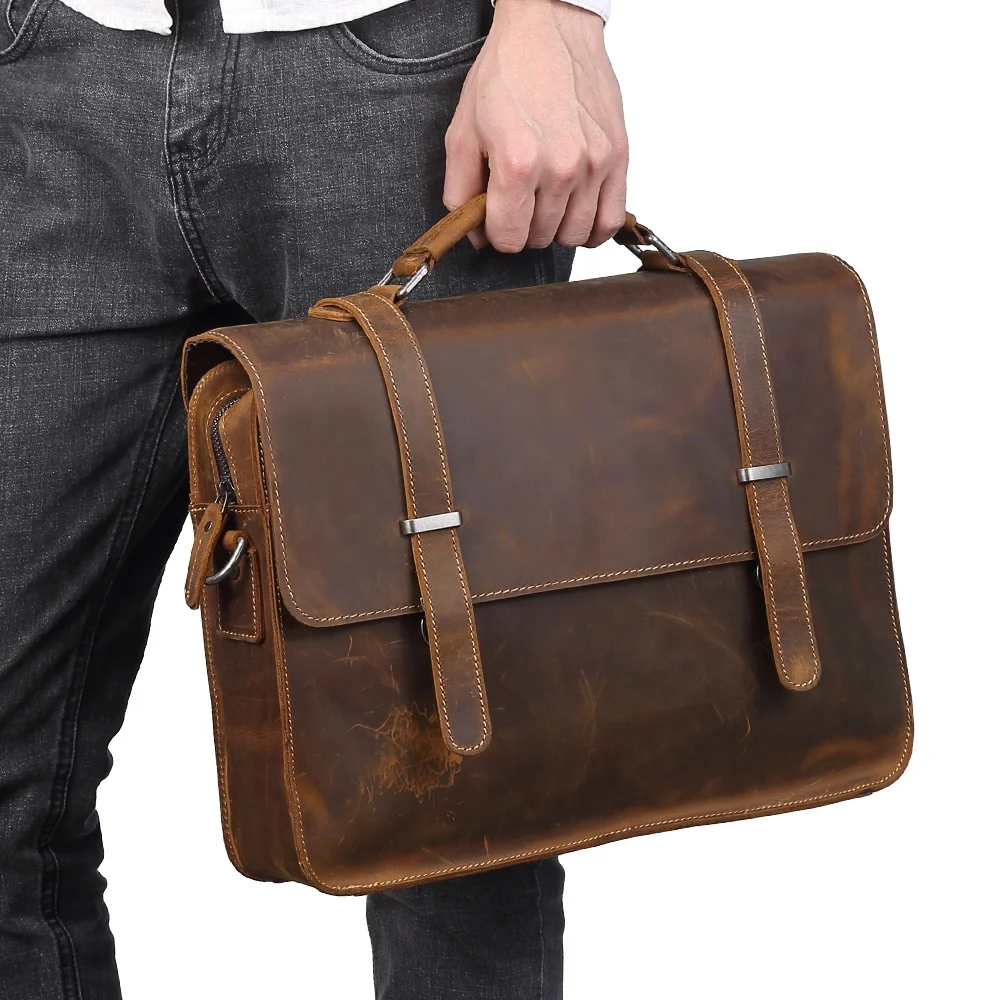 

2020 Men Laptop Bag Genuine leather Computer Office Shoulder Bag Men's Bag Handbag Crazy Horse Leather Briefcase, Yellow brown / black / coffee