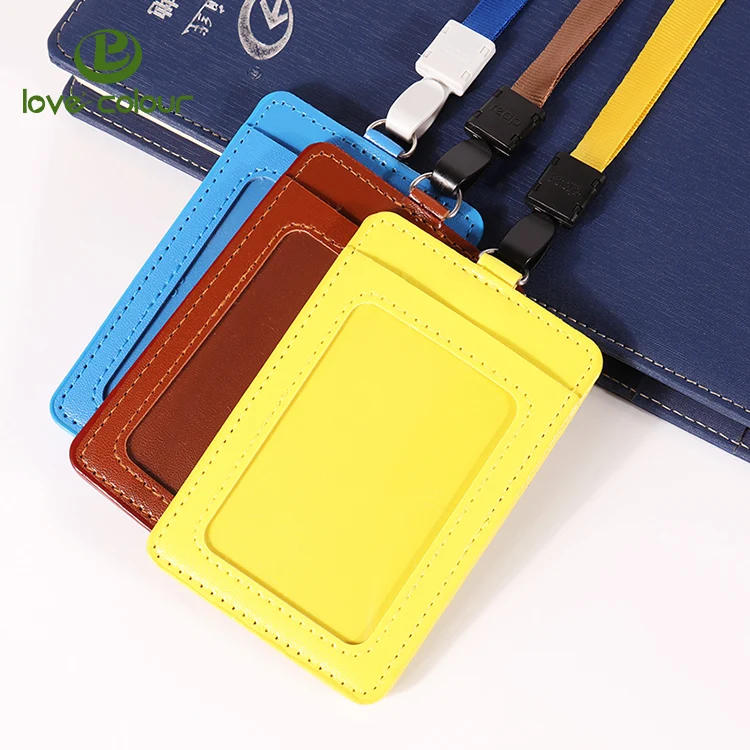 Double Side Pu Leather Id Card Case / Holder With Lanyard For Meeting