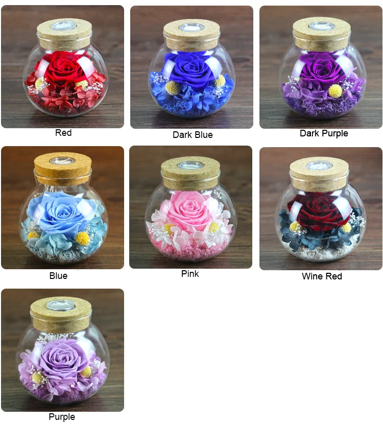 Yunnan Menghuang Supply Preserved Rose Flower in Glass Bottle with LED light for New Year Best Wishes