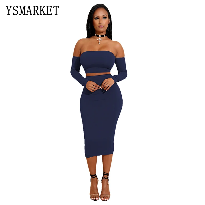 

Women Two Piece Set Autumn Slash Neck Off Shoulder Long Sleeve Backless Bodycon Bandage Dress AA2288